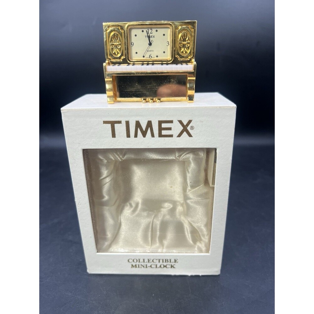 Timex TMX338 Collectible Mini Piano Clock Gold Tone w/ Box Vintage